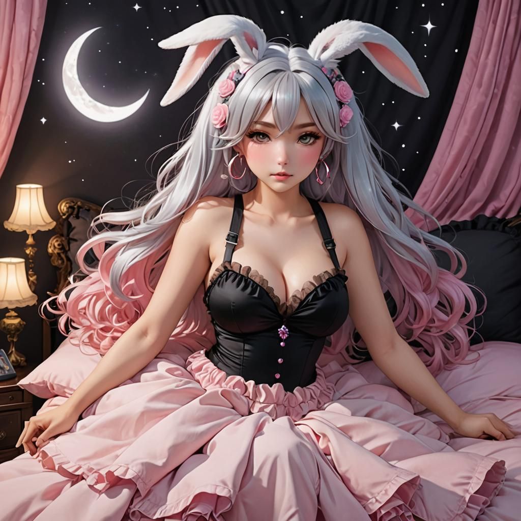 Anime Bunny Girl with Silver Hair in Pastel Bedroom
