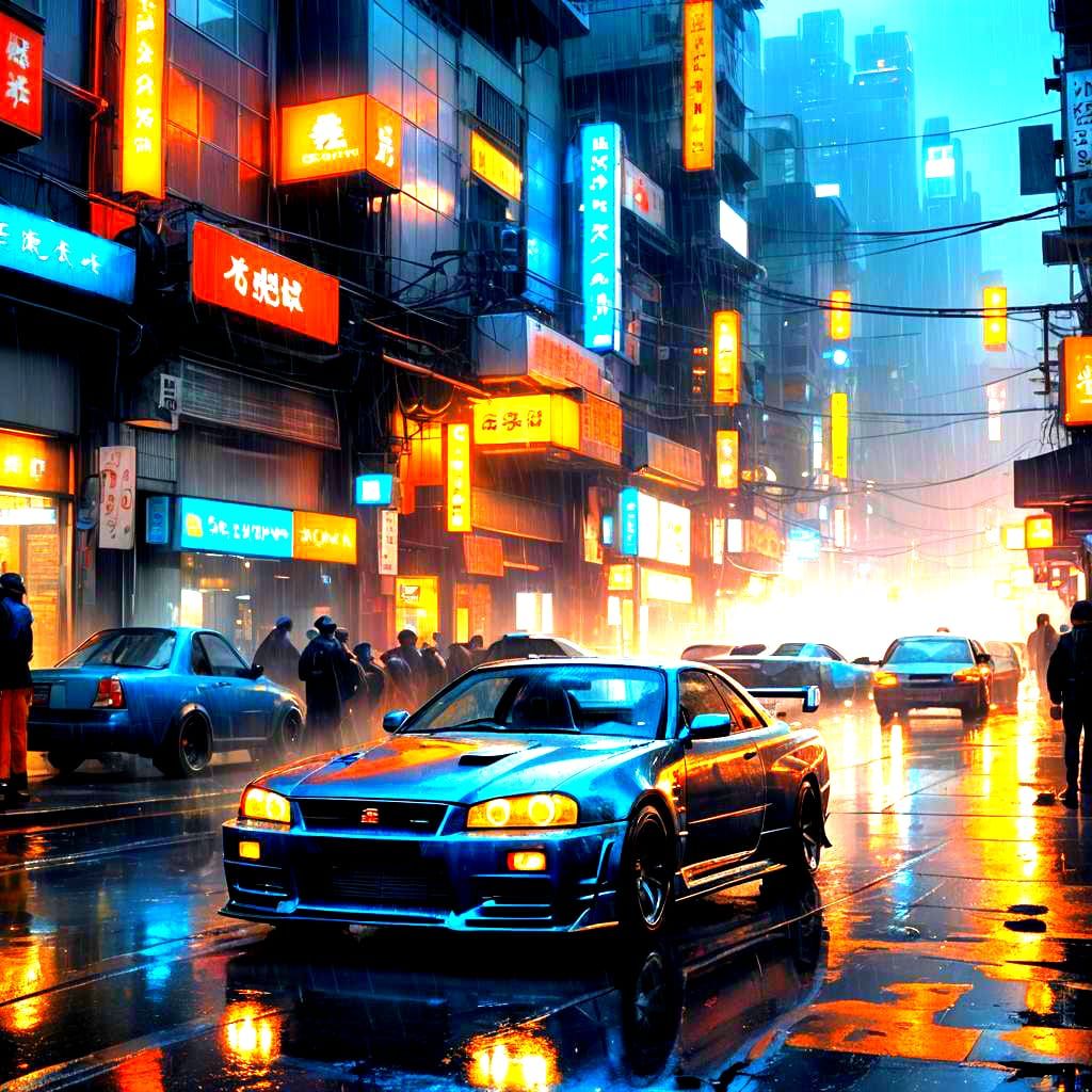 Nissan Skyline R-34 on Rainy Day: Detailed Matte Painting