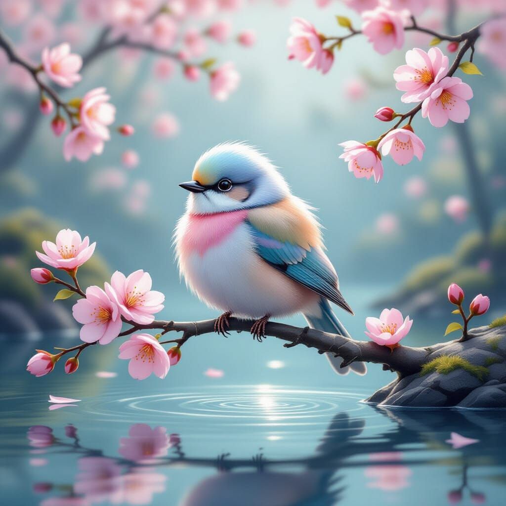 Pastel Bird on Branch Above Reflective Water