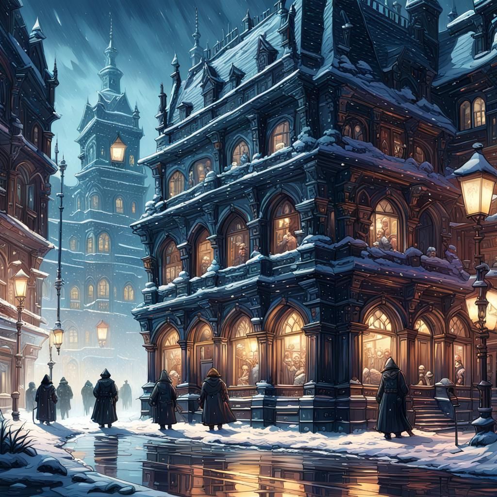 Victorian Bank in Crowded City, Dark Fantasy Concept