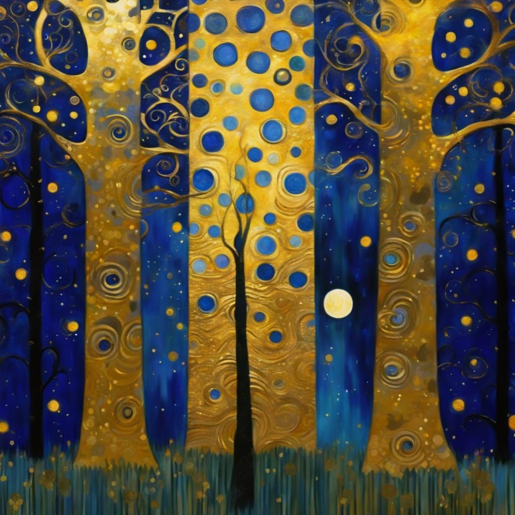 Moon and Tree in Klimt Style Oil Painting