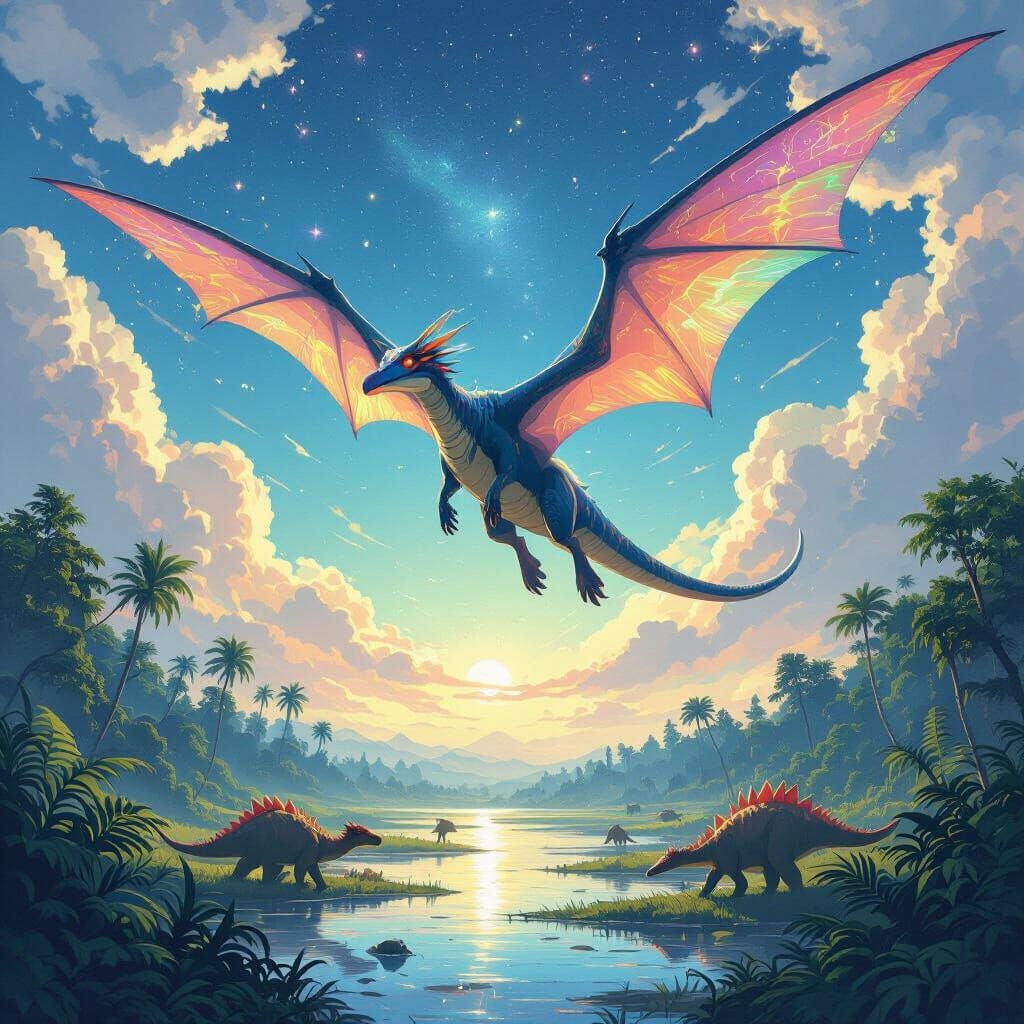 Celestial Pterodactyl Soaring Above Prehistoric Swamp in Ani...