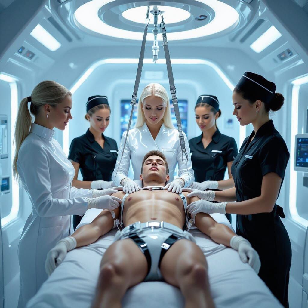 A futuristic medical chamber with soft clinical lighting, fe...
