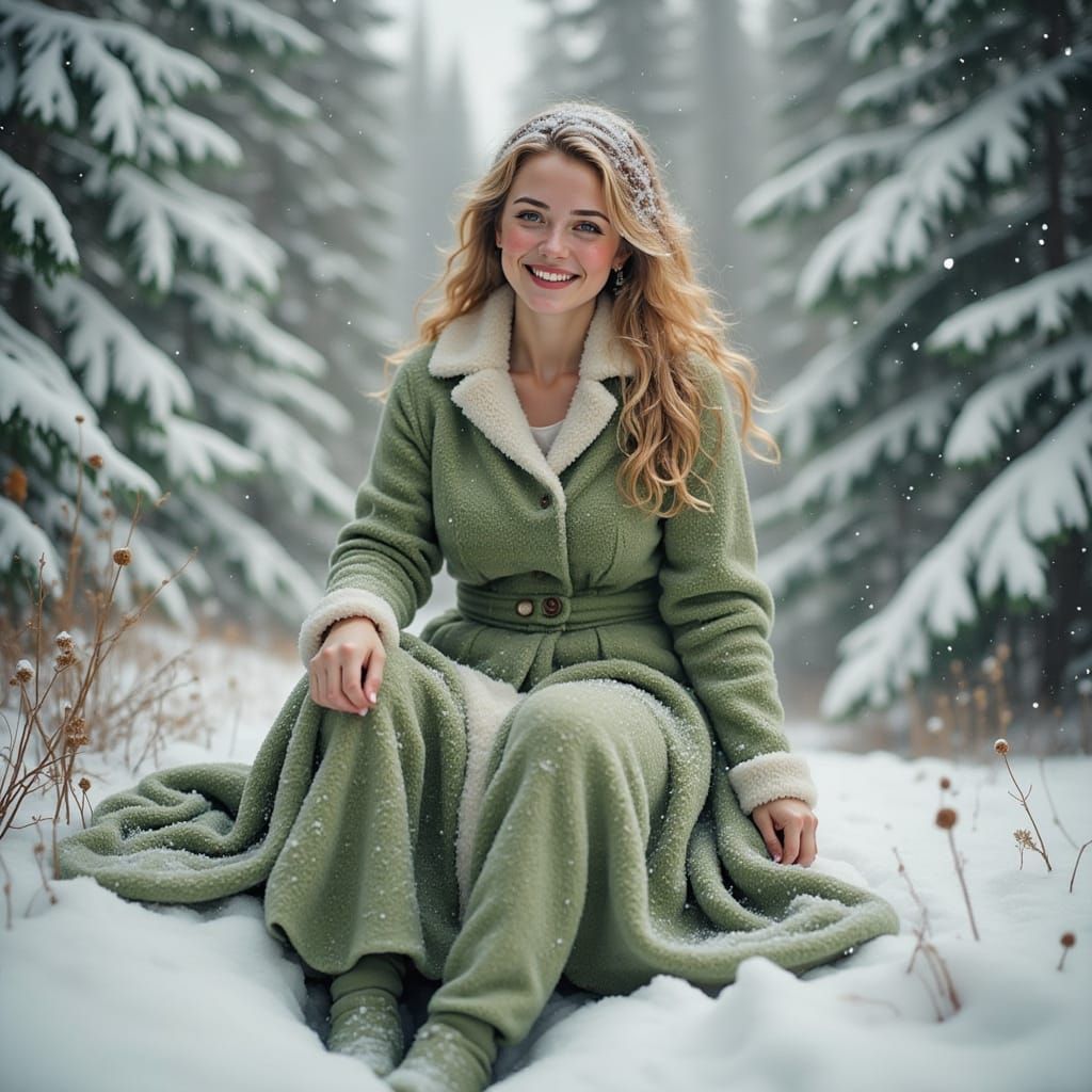 Woman in Snow-Covered Landscape in Photorealistic Style