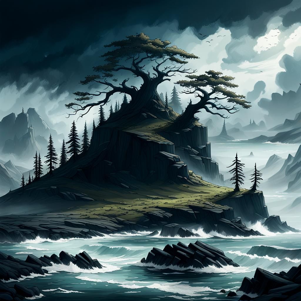 Dark Magical Island in Perpetual Shadow: 3D Digital Art