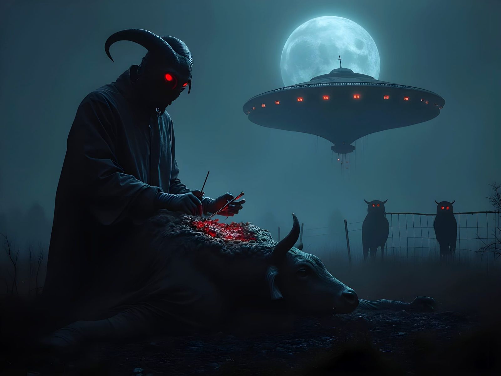 Cyberpunk Bovine Surgery Under Alien Moonlight