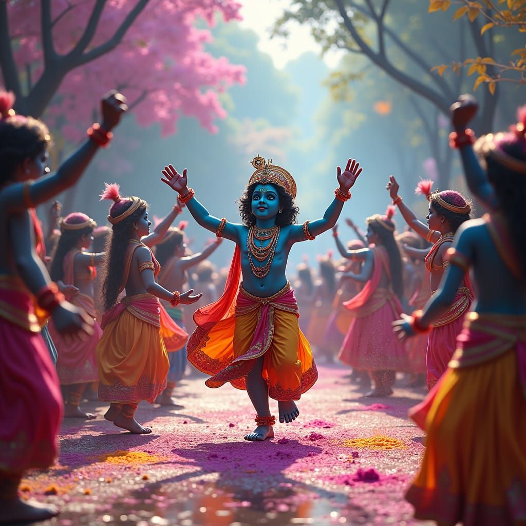 Krishna's Holi Dance: A Vibrant Digital Art Celebration