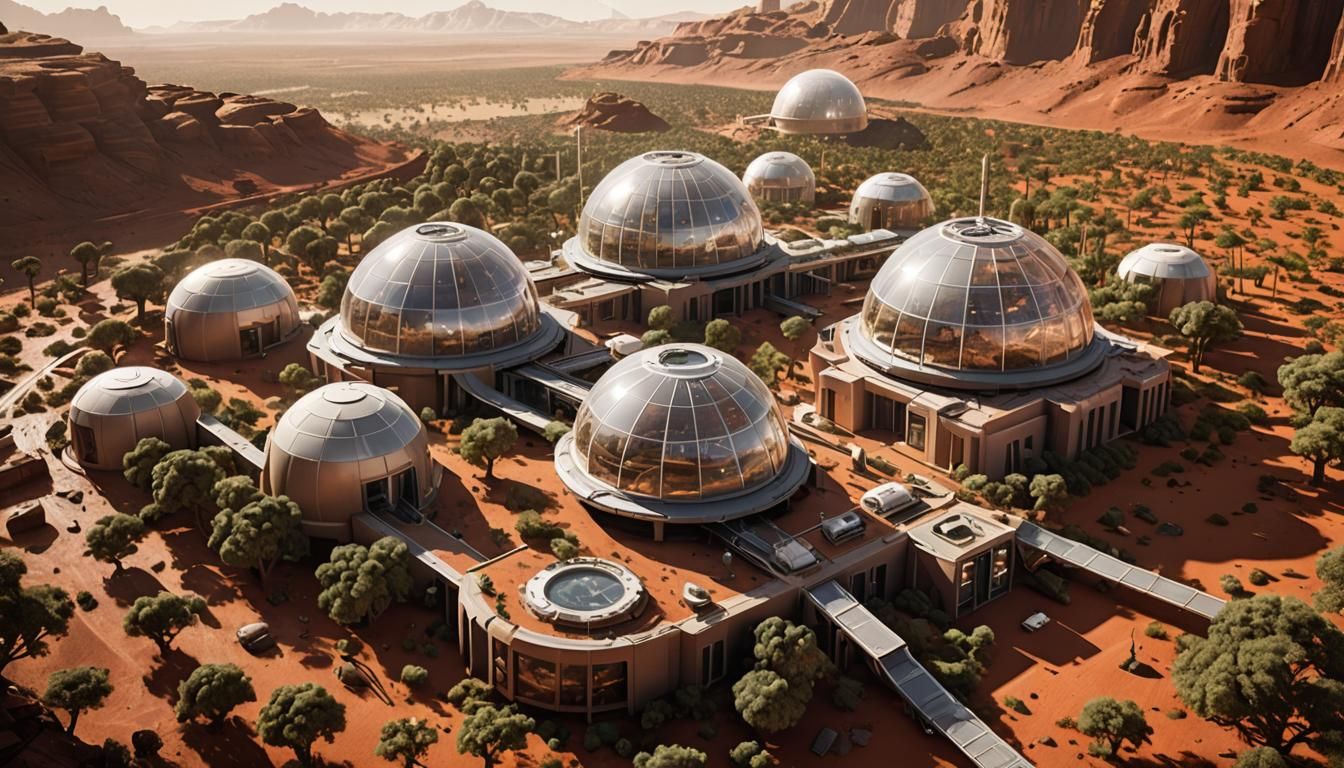 Mars Colony with Arboretum in Photorealistic Style