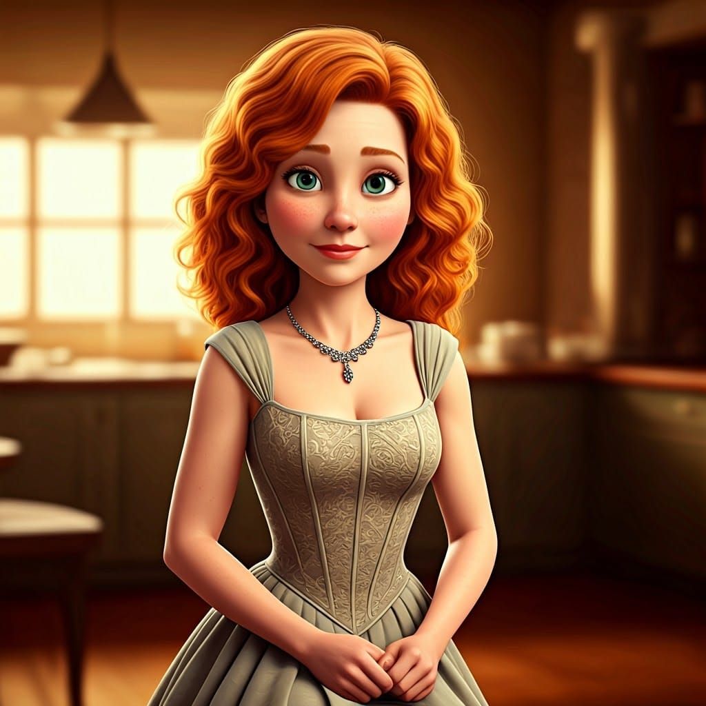 Orange-Haired Homemaker in Modern Kitchen, Pixar-Inspired 3D...