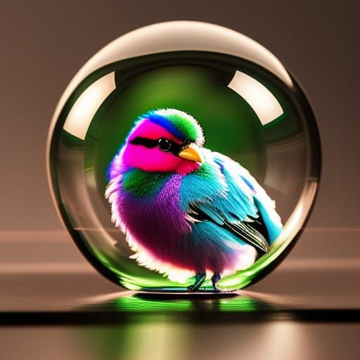 Fuzzy Bird in Glass Sphere, Digital Illustration