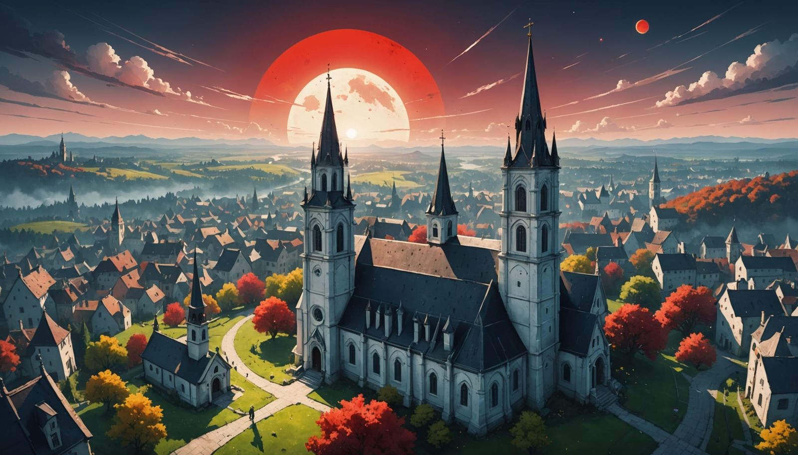 Fantasy Landscape with Red Eclipse in Watercolor Style