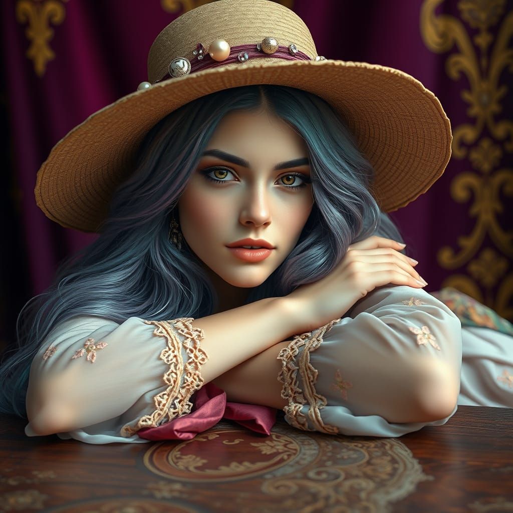 Striking bohemian young woman with porcelain skin, adorned i...