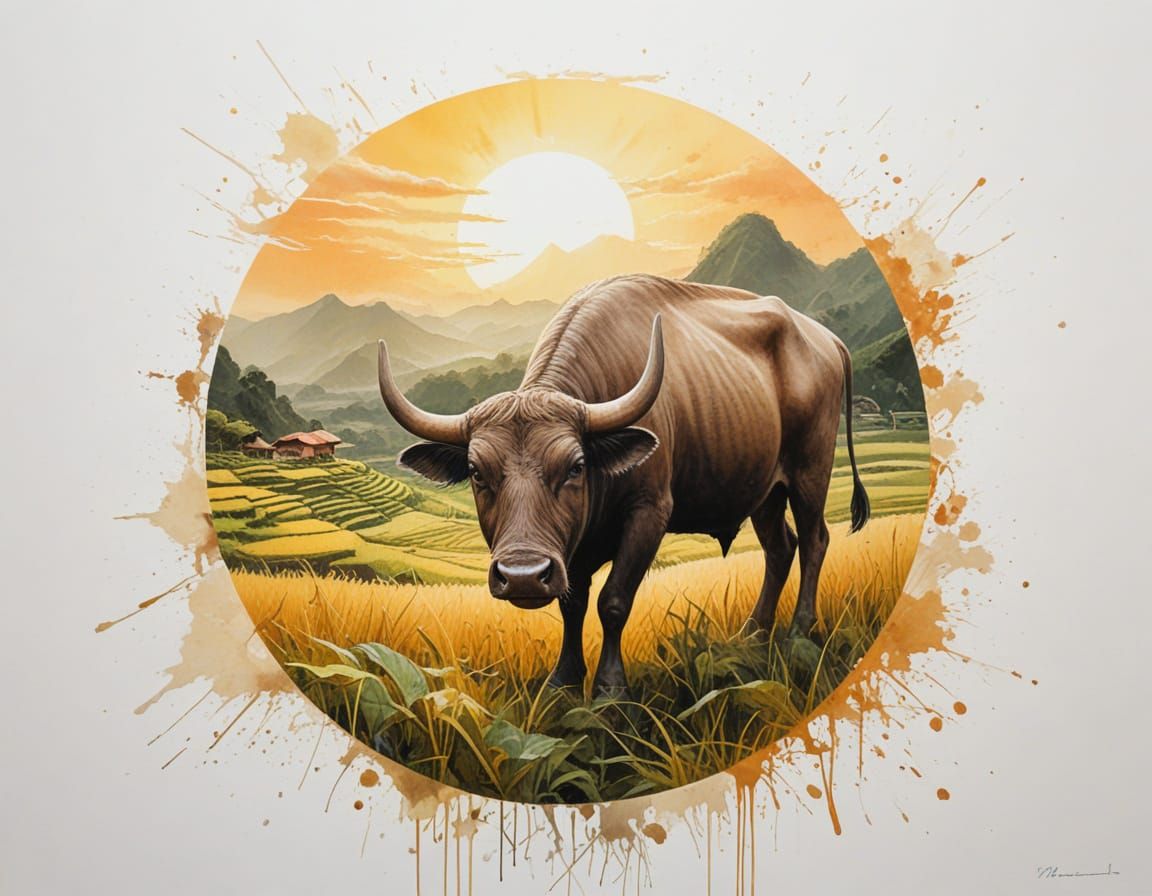 Water Buffalo Grazes Emerald Rice Terraces At Sunset