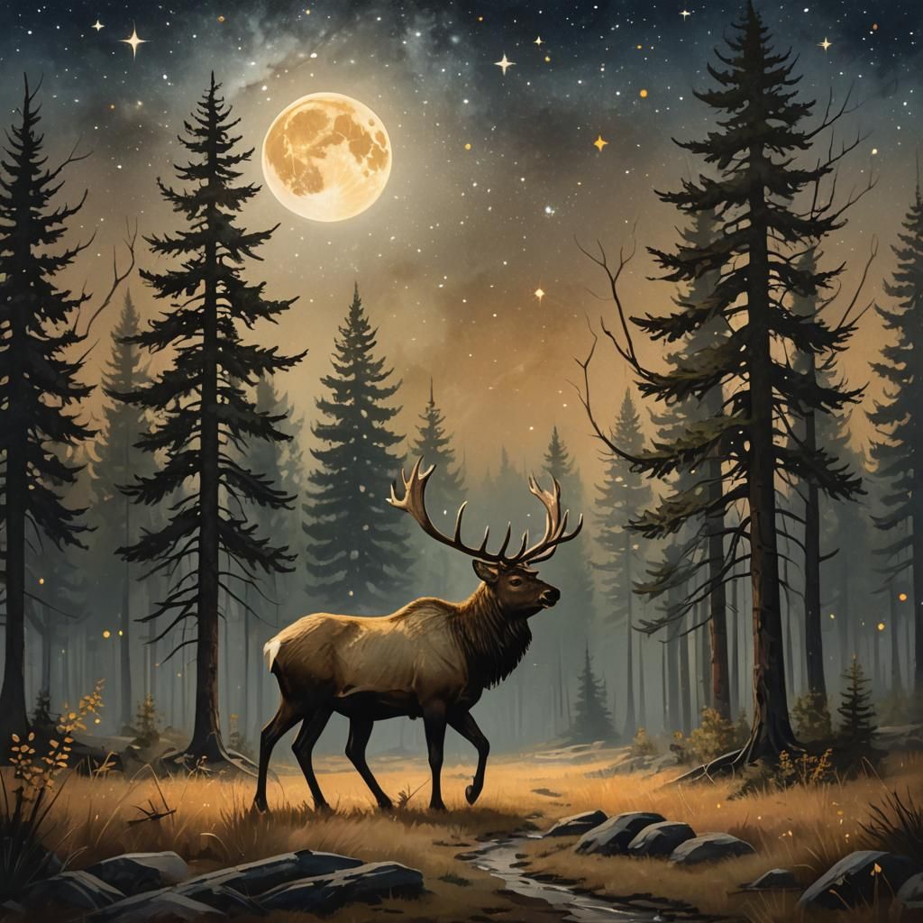 Elk in Mystical Forest Landscape Painting