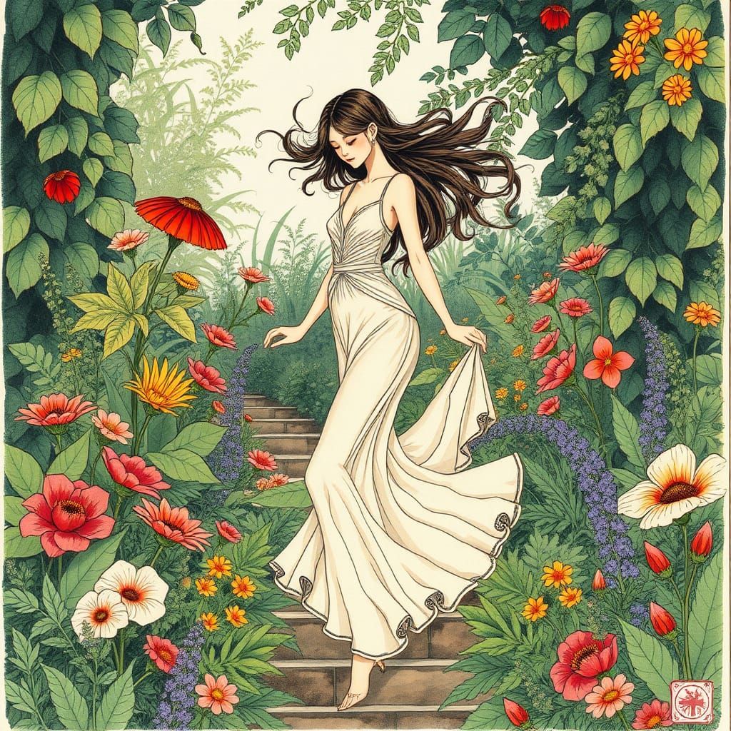 woman in dynamic pose into the floreal garden by Catrin Welz-Stein, Jean Metzinge, takato yamamoto, inkpunk minimalism, ...