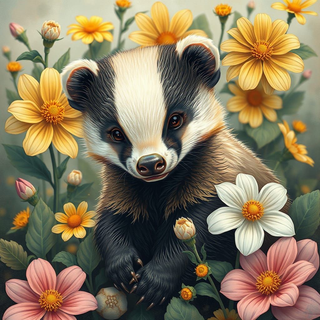 Vibrant Honey Badger Among Whimsical Floral Patterns in Mode...