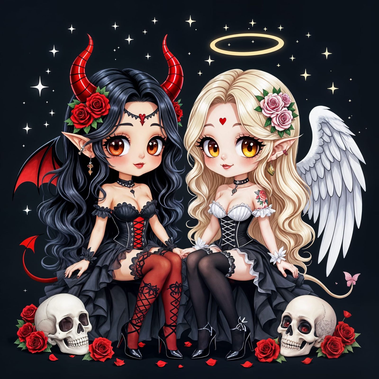 Gothic chibi fantasy art of a cute angel and demon duo sitti...