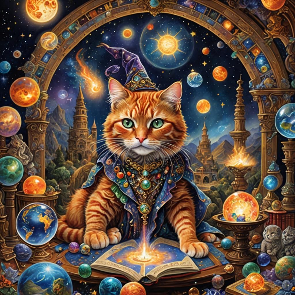 Enchanting Cat Wizard in Celestial Planetarium