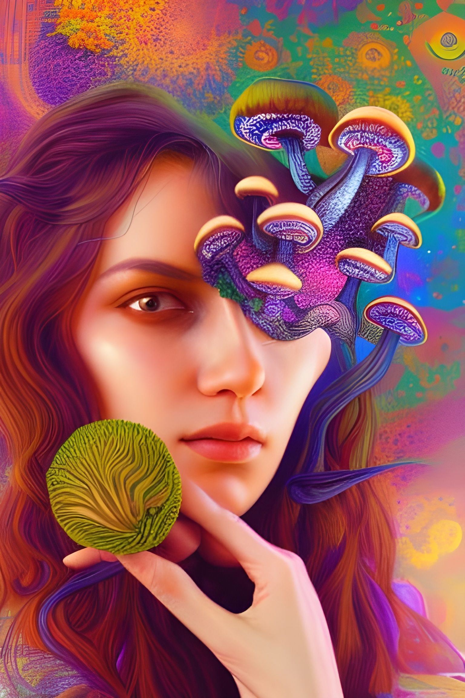 Psychedelic Mushroom Woman Portrait in Hyperreal Style