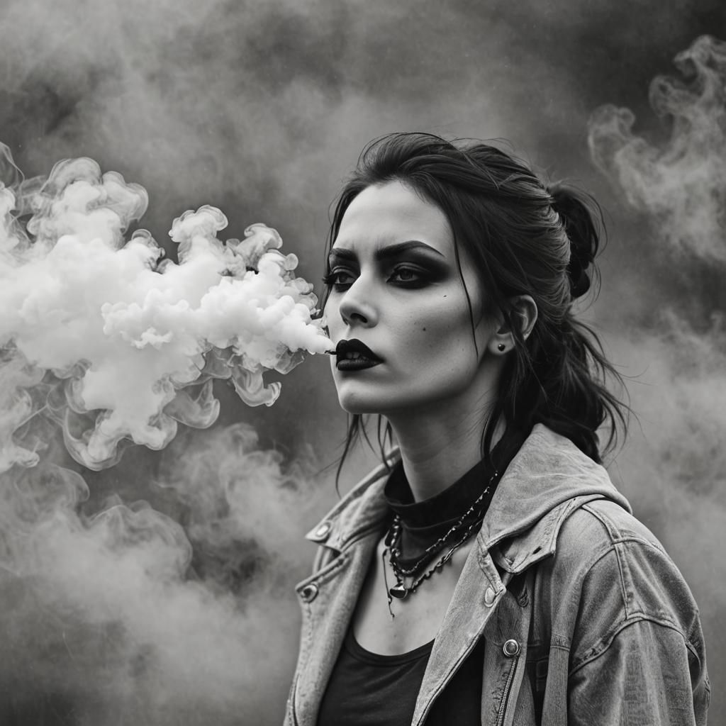 Gothic Fashion Model in Fog, Black and White Photo