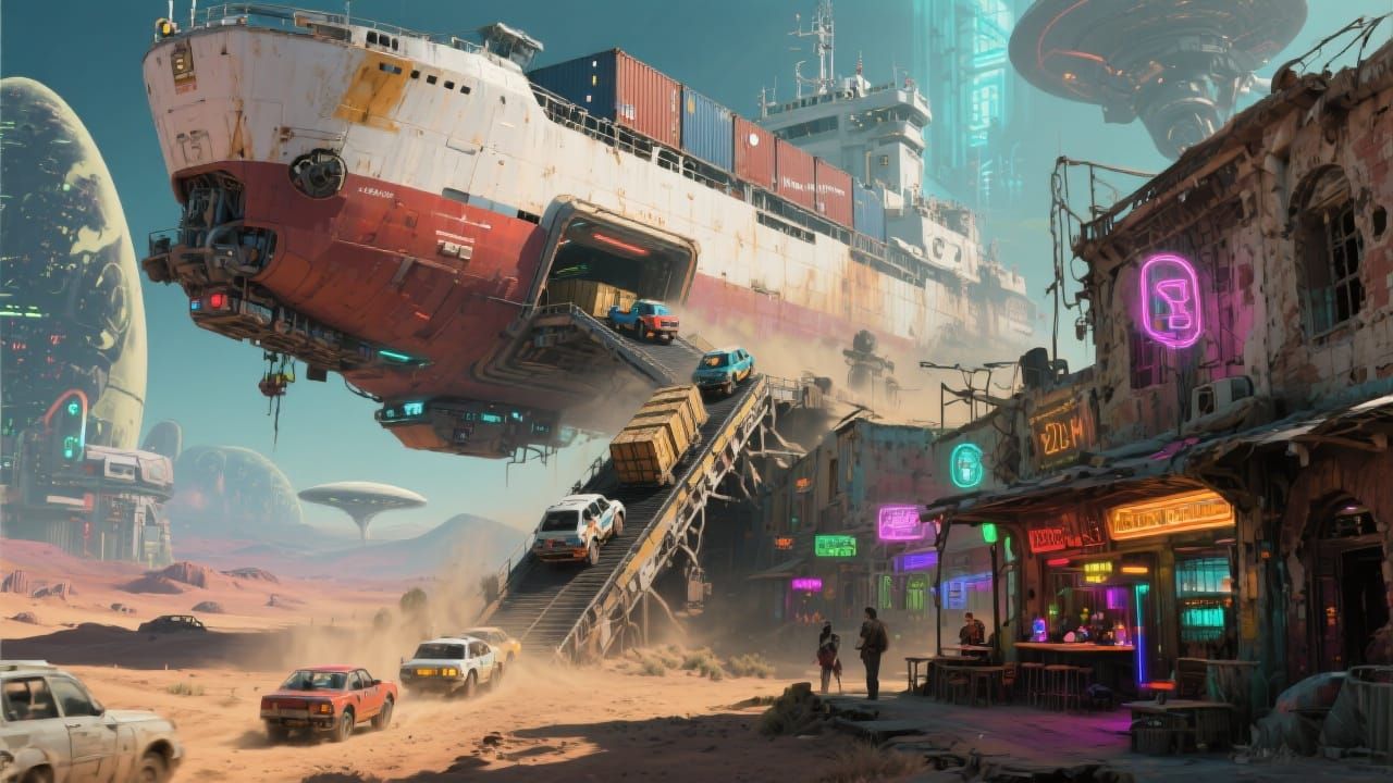 Cargo Ship Resupply Above Alien Mining Outpost