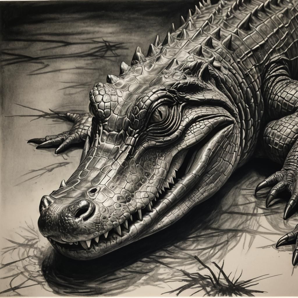 Hyperdetailed Alligator in Charcoal Drawing