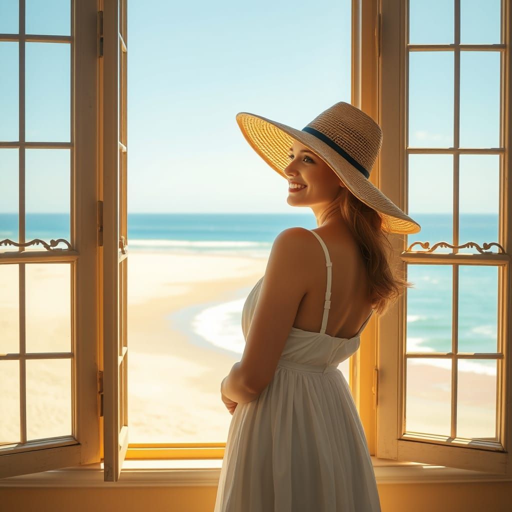 Woman Gazing Out at Tranquil Beach Scene in Soft Golden Ligh...