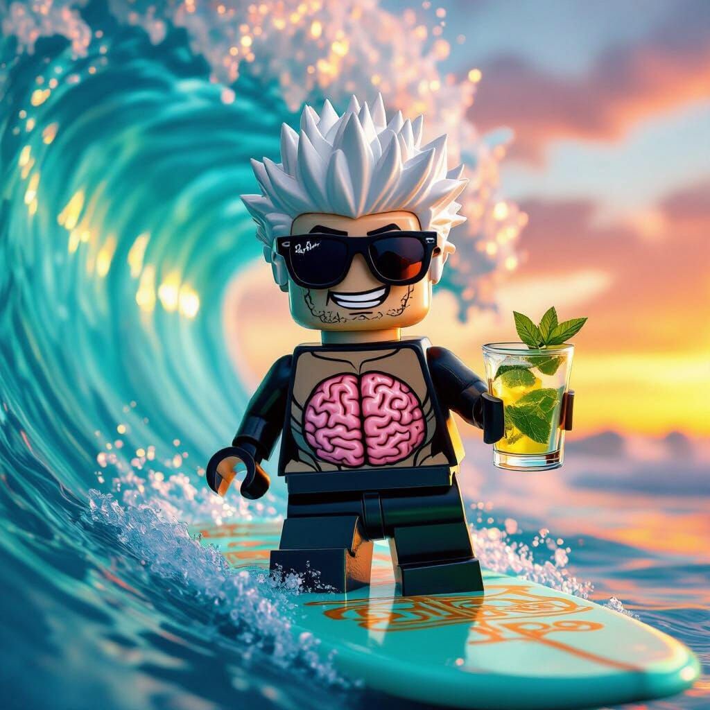 LEGO Minifigure Surfing Psychedelic Wave at Sunset