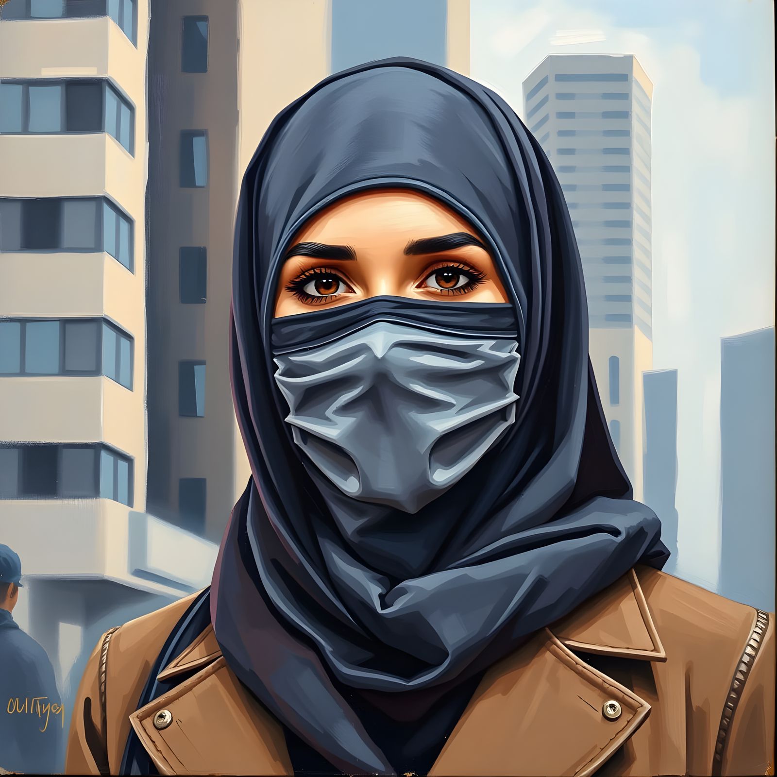 Oil Painting of Woman in Hijab in City