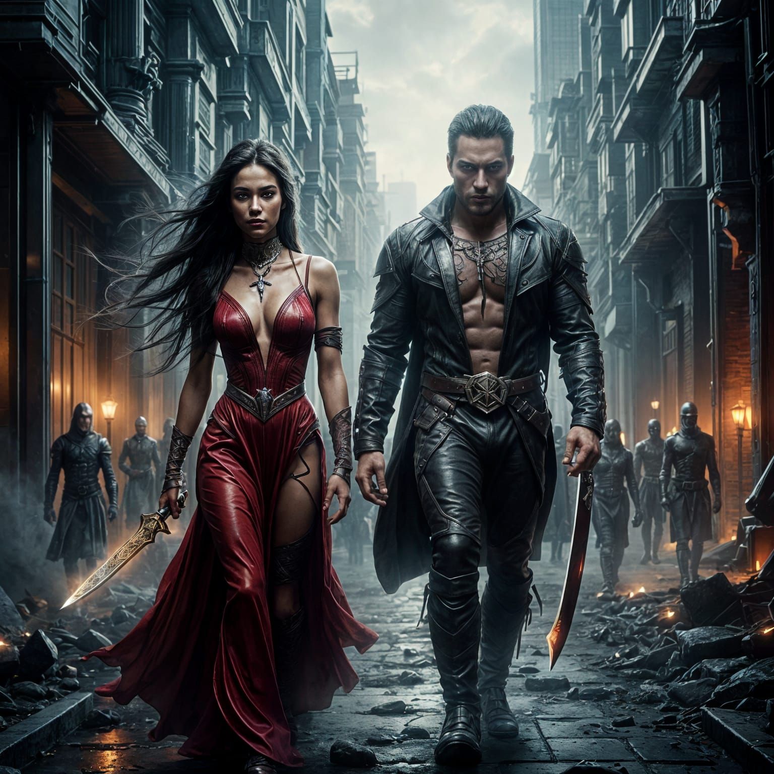 Dramatic Scene of Warrior Couple in Ruined City