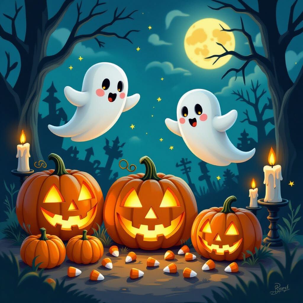 Whimsical Halloween Scene with Glowing Jack-o'-Lanterns and ...