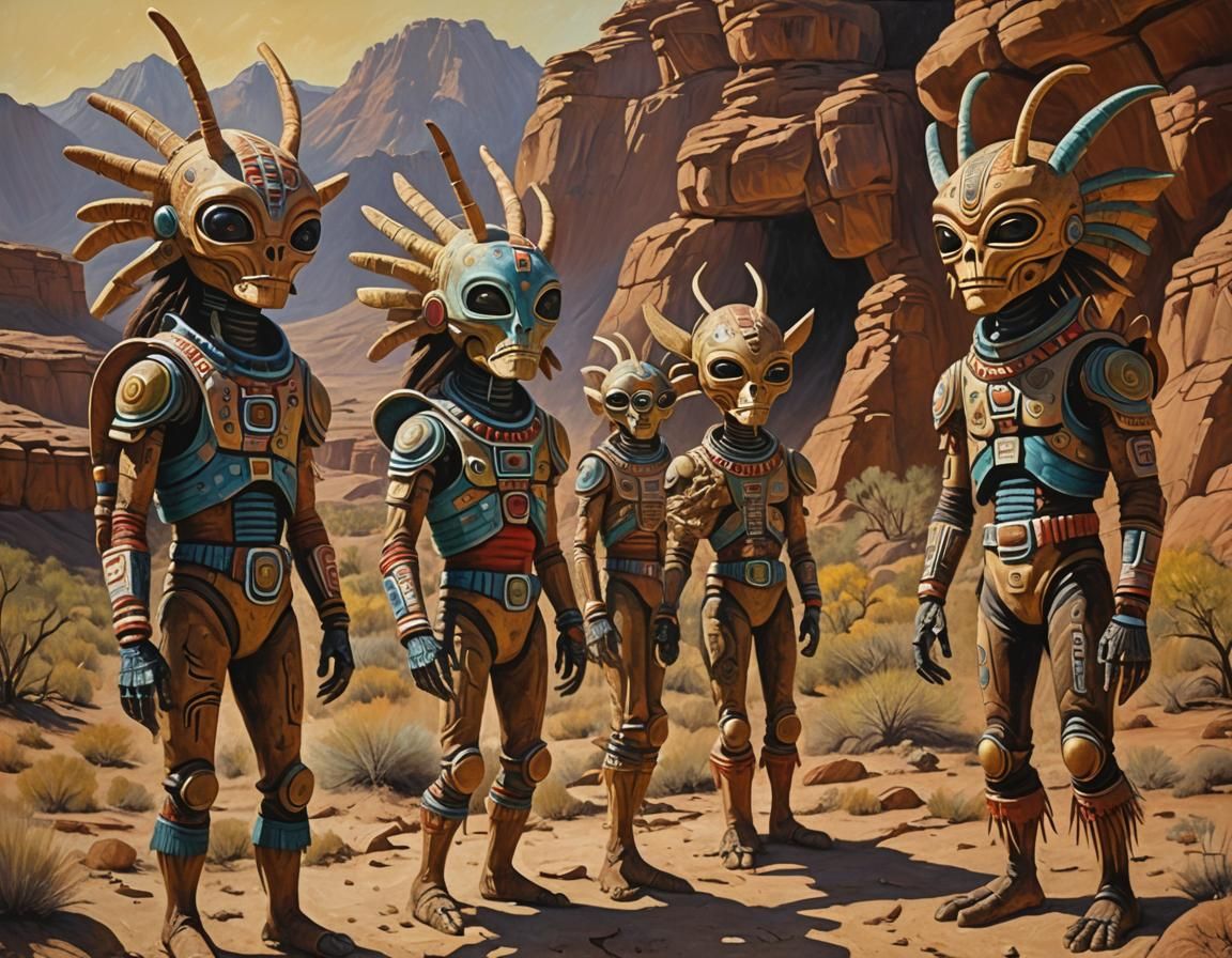 Alien Kachinas in Mystical Landscape as Oil Painting