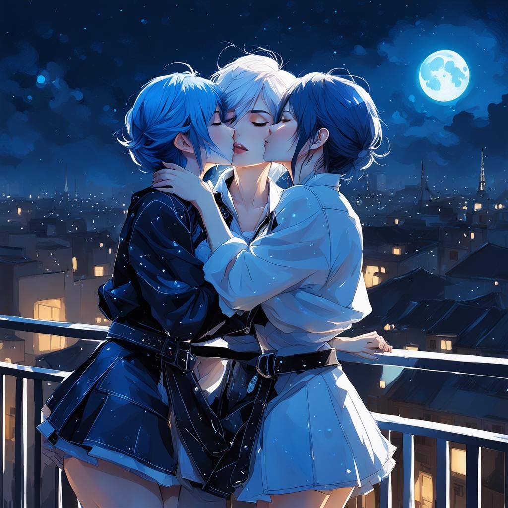 Lesbian Kiss Under Blue Moonlight: Anime Style