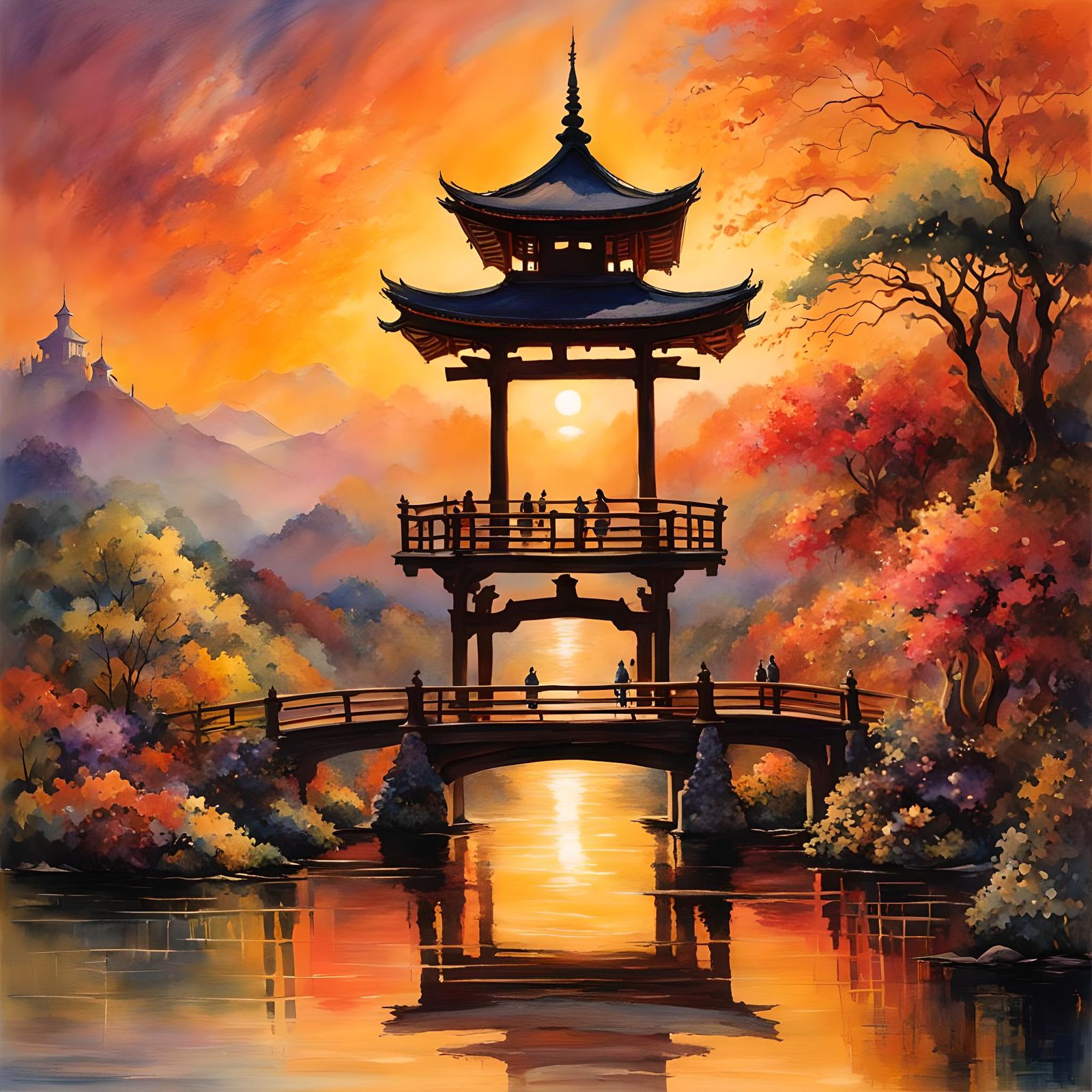 Japanese Gateway and Pagoda in Watercolors