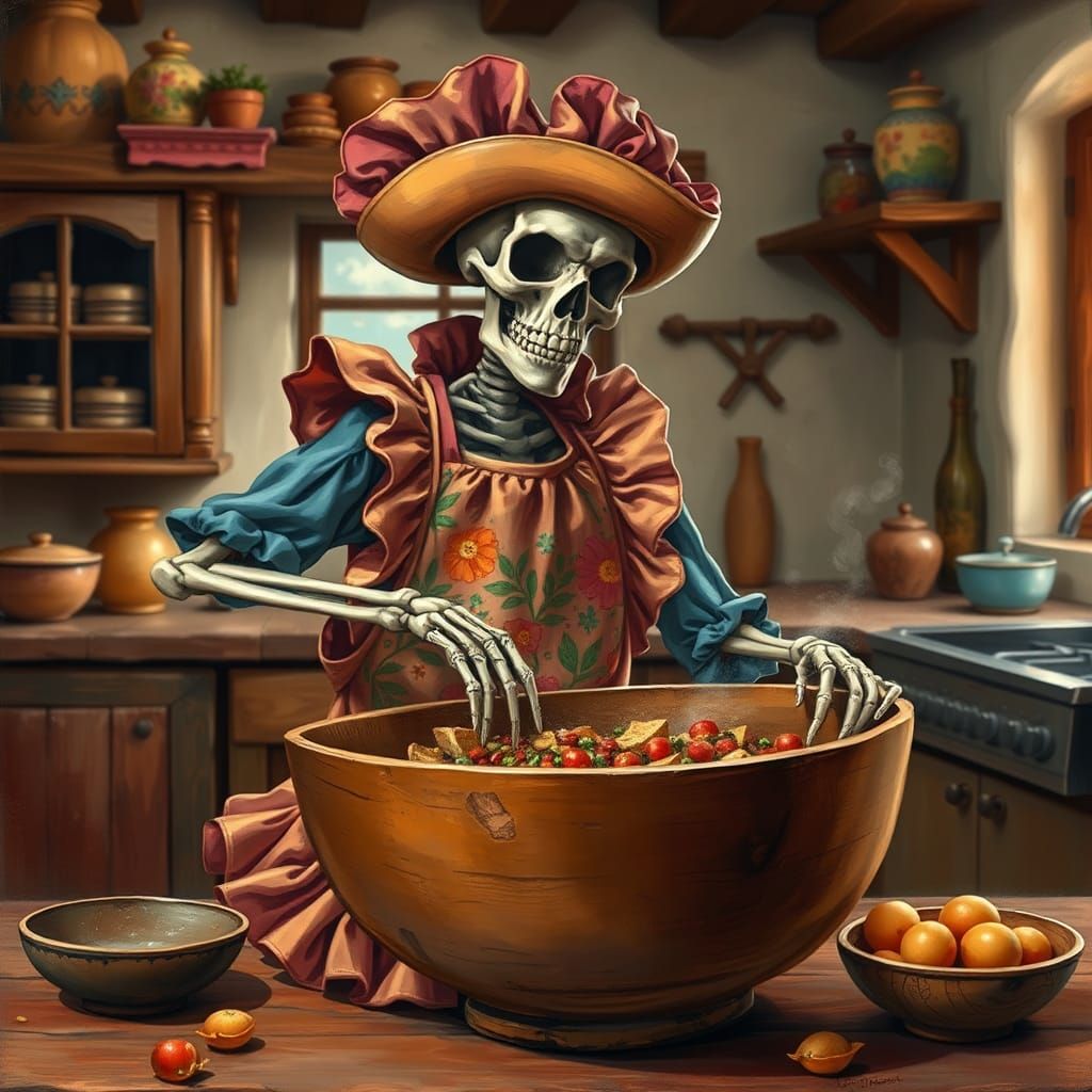 Jovial Skeleton Chef in Southwest Kitchen