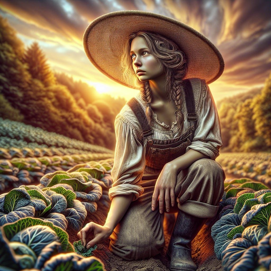 Girl Farmer in Golden Sunset Vegetable Garden