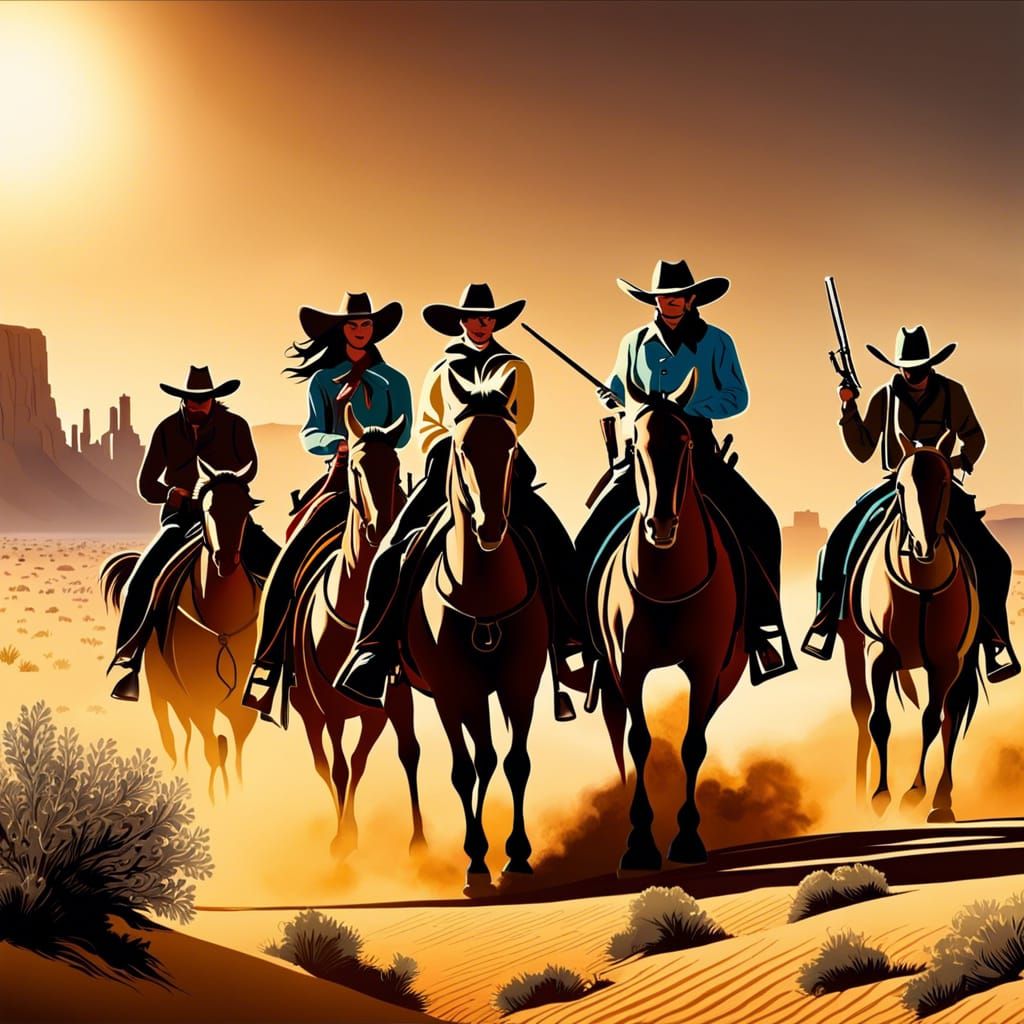 Cowboys and Cowgirls Ride into Desert Sunset