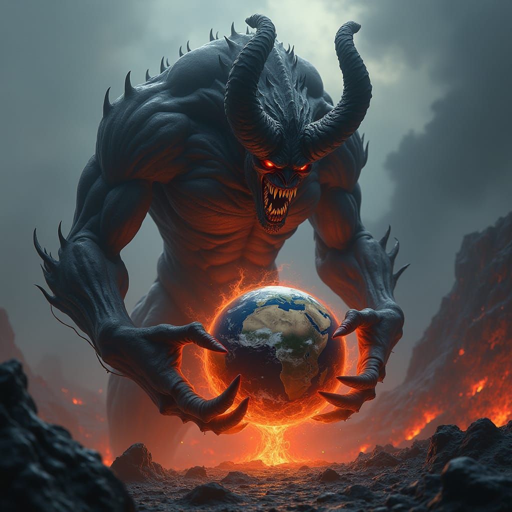 Massive Demonic Figure Crushing Earth in Dark Fantasy Art