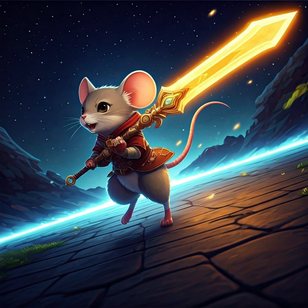 Mouse Hero Chasing Cat with Glowing Sword