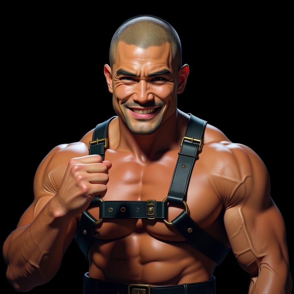 Evil Asian Bodybuilder with Fist Raised