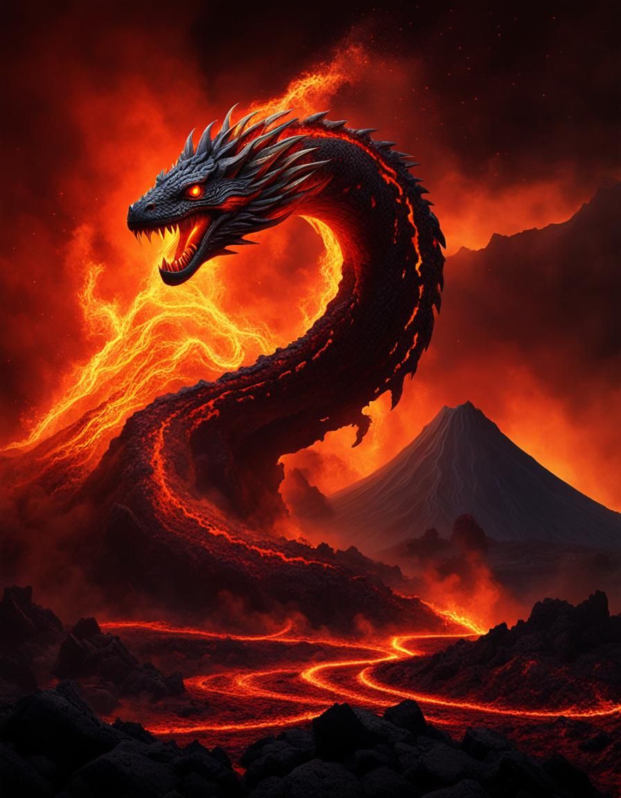 Fiery Serpent Emerges from Volcano in Dark Fantasy Style
