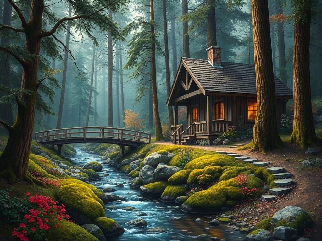 Hyperrealistic Cabin Scene in a Vibrant Forest Landscape