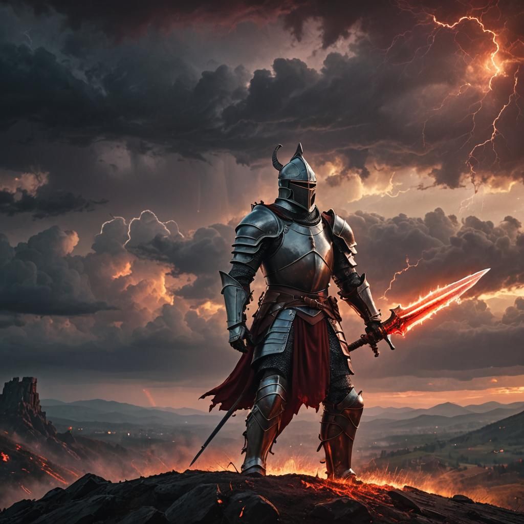 Mythic Knight on Hill in Fiery Digital Painting
