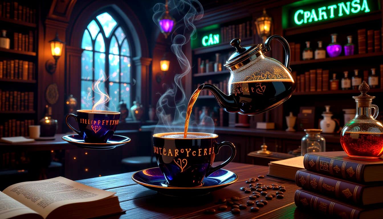 Magical Levitating Coffee Cups in Enchanted Cafe