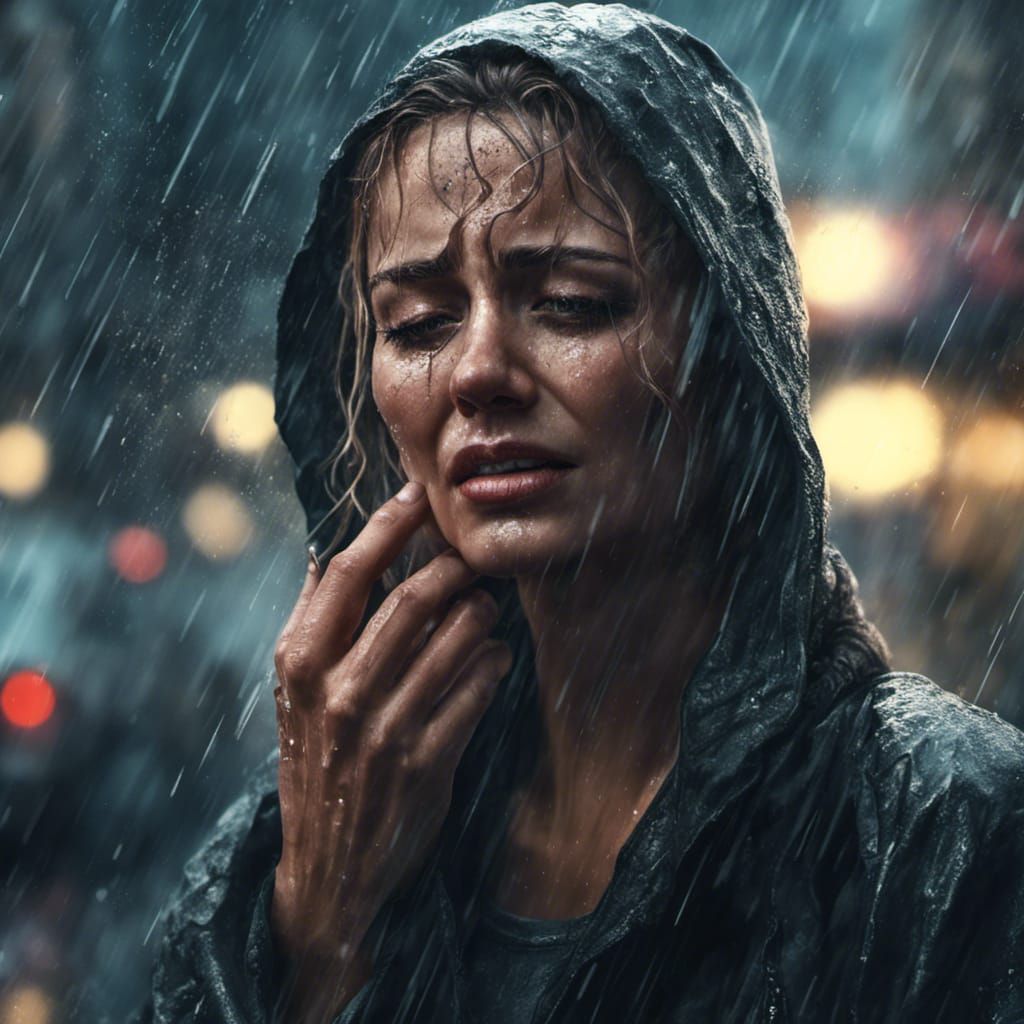 Realistic Woman Crying in Rainy Cityscape