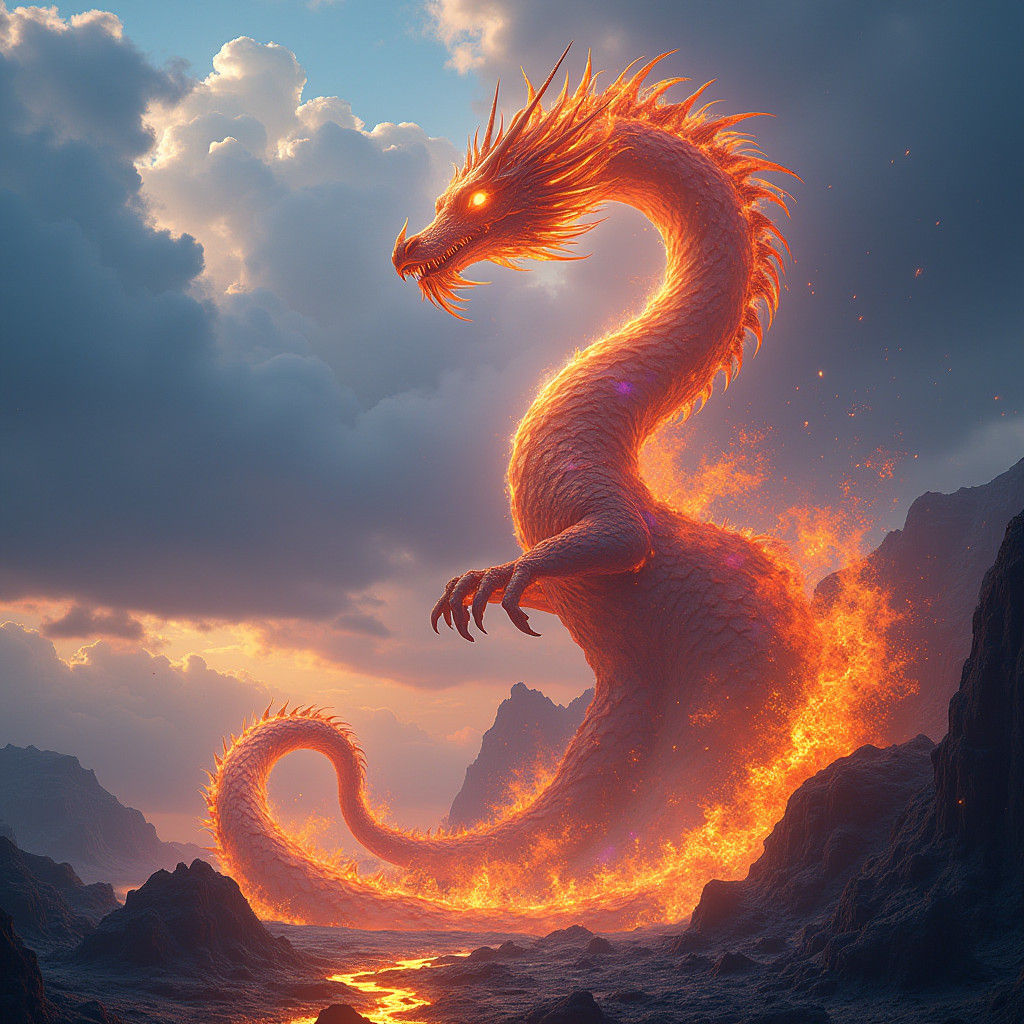 Iridescent Fire Dragon Rising from Lava Sea