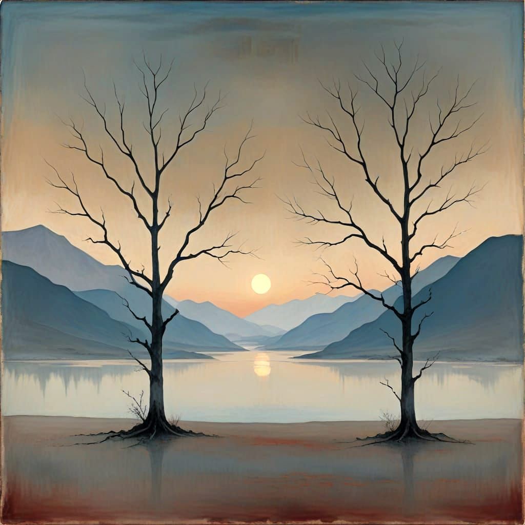 Abstract Surreal Landscape with Mountains and Bare Trees