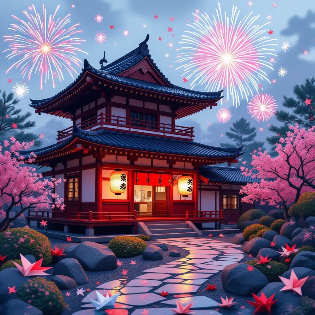 Japanese Minka Home with Lanterns and Fireworks