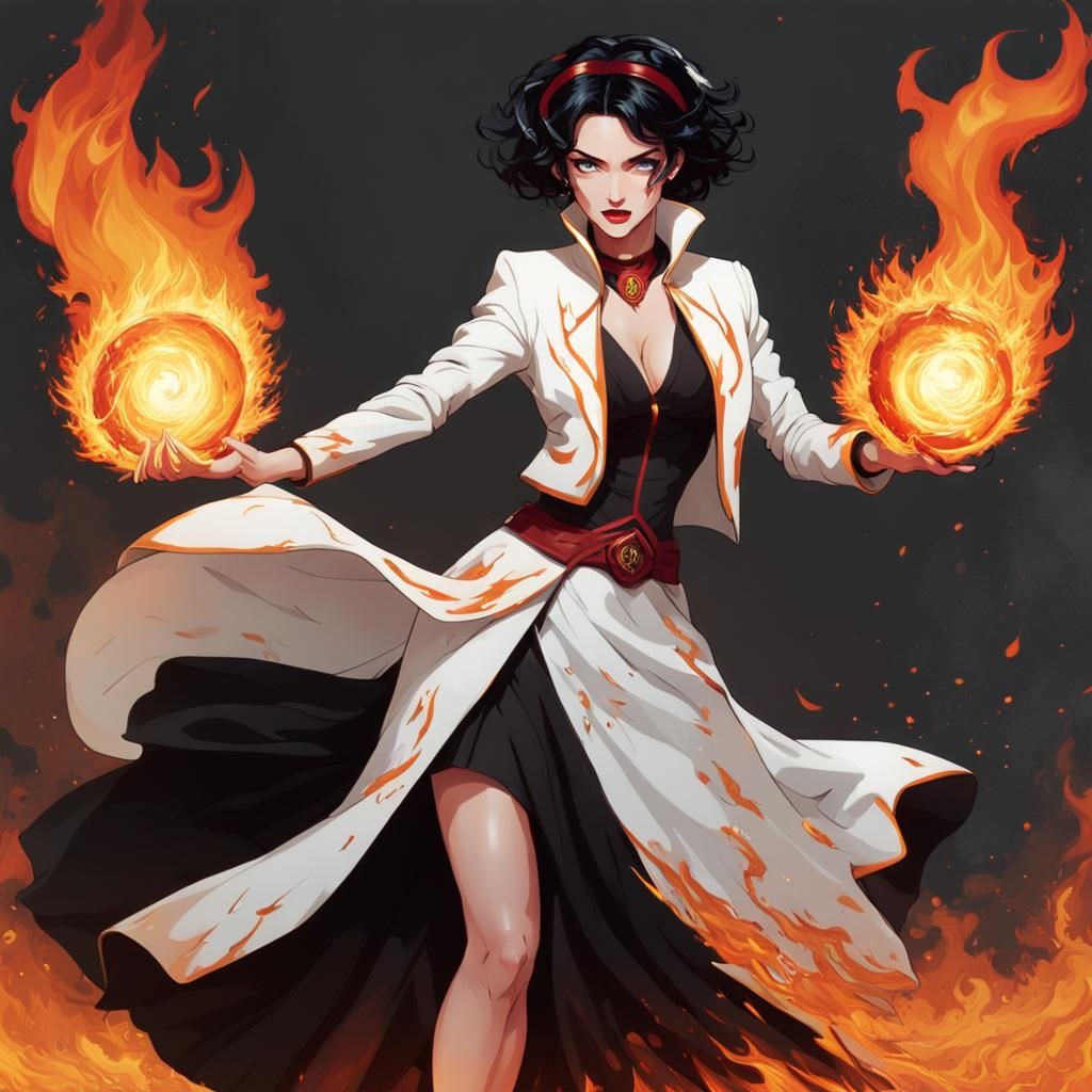 Woman Holding Flame with Burning Village Backdrop