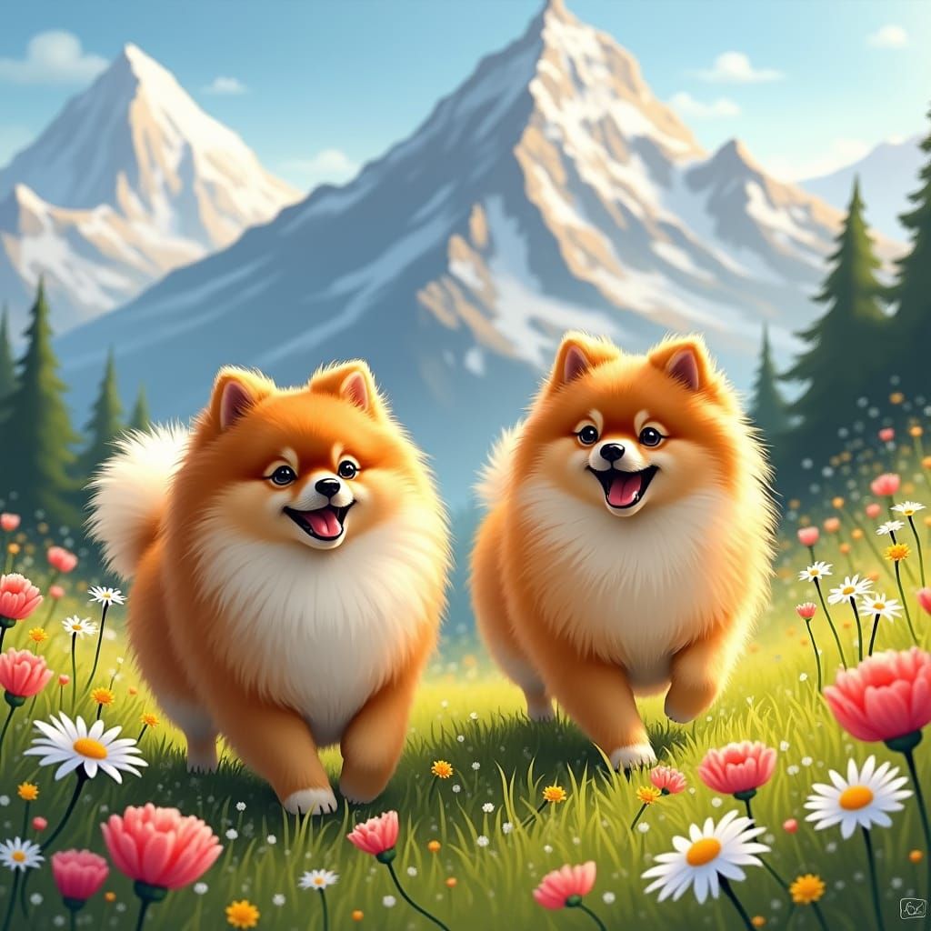 Pomeranians Play in Alpine Meadow, Dreamy Art Style